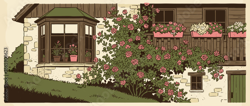 Charming rustic cottage with a large blooming rose bush, a cozy bay window, and a balcony decorated with flower boxes in a quaint hand-drawn illustrative style