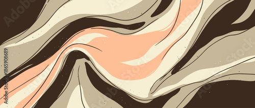 Abstract fluid art illustration with flowing waves and organic shapes in a warm earthy palette of brown and beige, featuring a hand-drawn style with delicate lines and a gentle mood