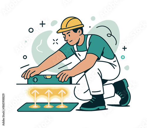 Spirit Level Precision. Leveling the base. A construction worker checks the alignment with a floating spirit level; ground indicators glow below. Modern