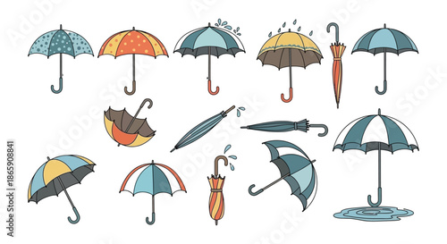 Colorful collection of illustrated umbrellas and raindrops a weather themed design