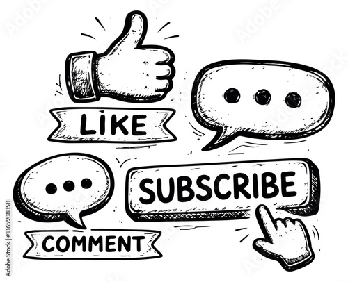 Hand drawn social media engagement icons set featuring a thumbs up, speech bubbles, like, comment, and subscribe text for online content promotion