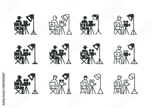 Film Set Logo Variations. Film set with director and crew. Icon set. Set Logo of Film set with director and crew: stage spotlight. harmonious logo variations