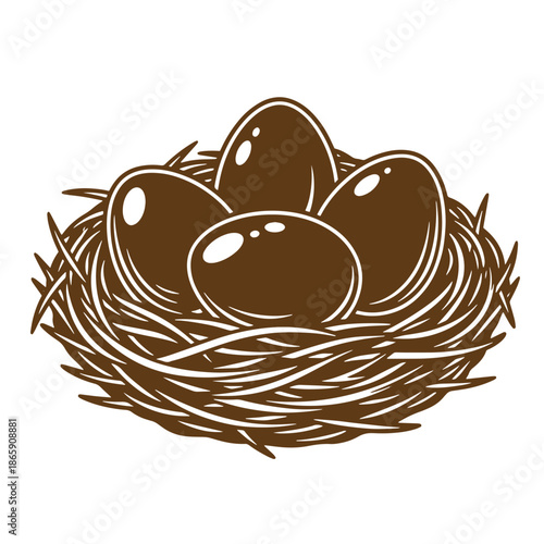brown bird nest with three eggs inside  illustration