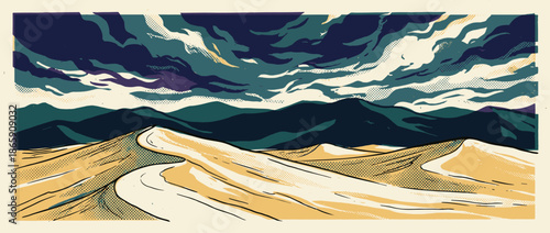 Dramatic desert landscape illustration featuring golden sand dunes and dark mountains under a moody, swirling sky in a graphic comic book style with halftone textures