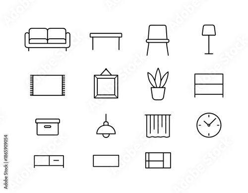 Minimalist Room Icons. Designing a Minimalist Room. Line icon set of Designing a Minimalist Room: clean sofa, simple table, minimal chair, floor lamp, area