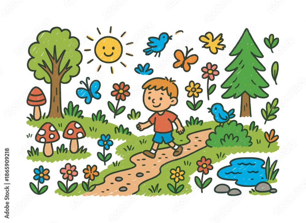 Obraz premium Whimsical Nature Walk. Nature Walk. Colorful Hand-drawn doodle Children illustration tall trees, mushrooms, butterflies, flowers, leaves, grass, sun, small