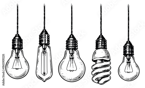 Line art light bulb set featuring various hanging incandescent and fluorescent lamps for innovation concepts