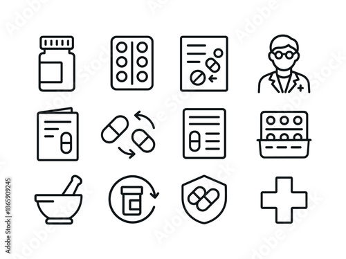 Pharmacy Icon Set. Pharmaceutical consultation. Line icon set of pharmaceutical consultation: pill bottle, blister pack, dosage chart, pharmacist icon,