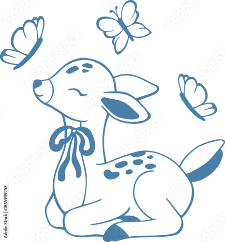 Baby deer with butterflies hand drawn illustration, cute forest deer, baby illustration, whimsical vector animal deer