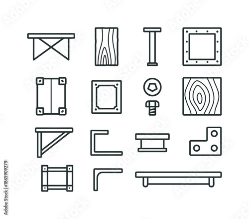 Wood & Steel Icons. Wood and Steel Design. Line icon set of Wood and Steel Design: steel base table, wooden slab top, steel pipe leg, wood panel with brackets,