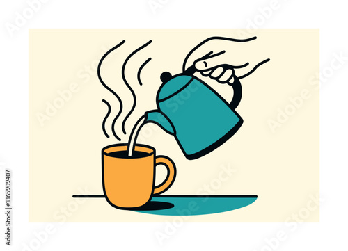 Morning Brew Ritual. Making tea or coffee ? morning ritual. Steam rises gracefully from a mug as a hand pours hot water; soft curved lines evoke calm and