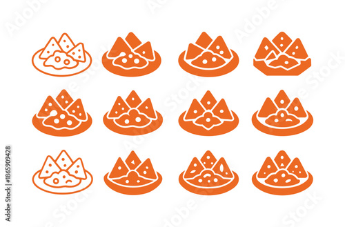 Loaded Nachos Icons. Loaded nachos. Icon set. Set Logo of Loaded nachos: fiesta plate. harmonious logo variations of the same emblematic concept, each with
