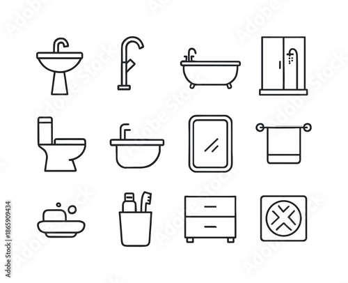 Bathroom Line Icons. Bathroom fixtures. Line icon set of bathroom fixtures: sink basin, faucet tap, bathtub outline, shower enclosure, toilet icon, bidet icon,
