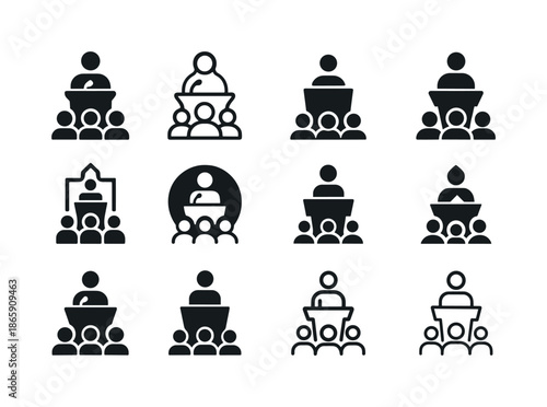 Union Meeting Icons. Workers? union meeting. Icon set. Set Logo of workers? union meeting: speaker at podium. harmonious logo variations of the same emblematic