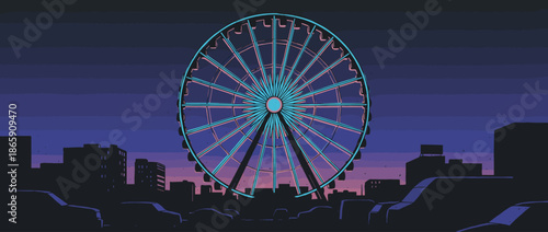 Large illustrated Ferris wheel with neon blue and pink lights stands tall over a silhouetted cityscape at dusk in a cool, retro comic book art style