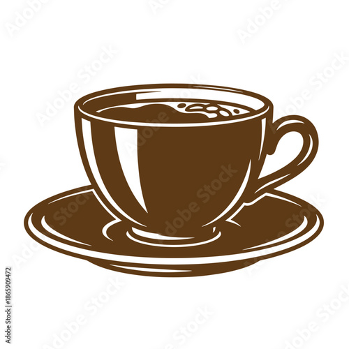 Brown coffee cup with saucer full of hot beverage on white background