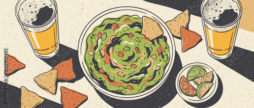 Freshly made guacamole in a bowl with tortilla chips, lime wedges, and two glasses of beer in a retro, textured graphic illustration with bold outlines