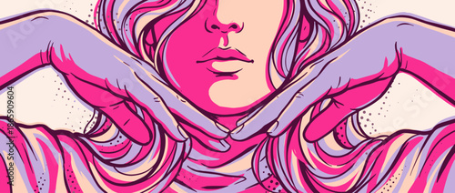 Stylized pop art illustration of a woman with pink and purple wavy hair framing her face with her hands in a confident, mysterious pose with bold graphic lines