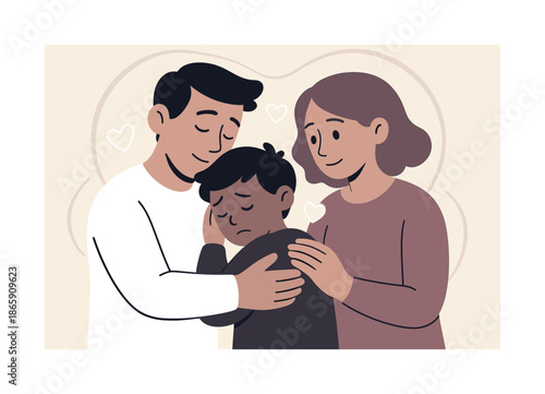 Reassuring Family Hug. Reassuring hug. A parent comforting a child while the other offers a gentle touch; glowing heart shapes symbolizing emotional