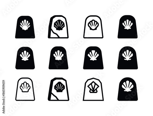 Sacred Pilgrimage Icons. Pilgrimage routes and sacred destinations. Icon set. Set Logo of pilgrimage routes and sacred destinations: ancient stone marker.
