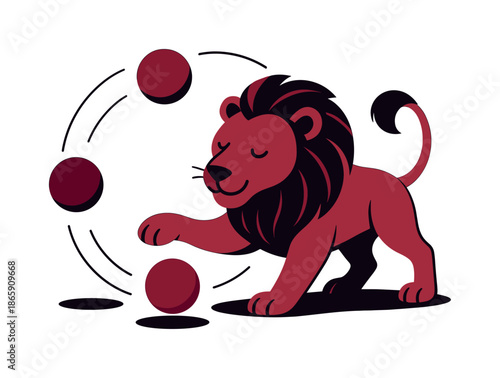 Lion Juggling Balls. Juggling-themed scene. Lion nudging colorful balls in playful motion; arcs showing rhythmic balance. Soft ground shadows creating depth.