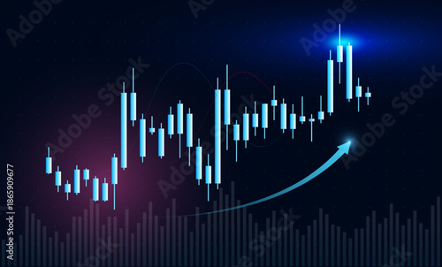 Finance graph tracks currency pair trade performance with glowing trend indicators. Financial index graph captures market momentum shifting toward profit zones