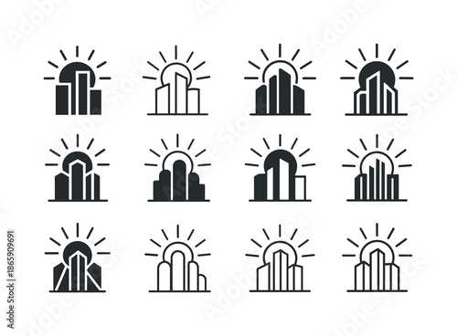Cityscape Sunset Logos. Cityscape at Sunset. Icon set. Set Logo of Cityscape at Sunset: tall buildings with sun rays. harmonious logo variations of the same