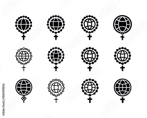 Catholic Mission Icons. Catholic mission work. Icon set. Set Logo of Catholic mission work: globe and rosary. harmonious logo variations of the same emblematic