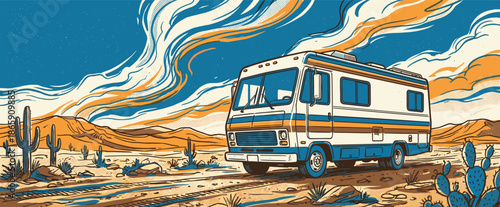 Vintage recreational vehicle with blue stripes drives through a stylized desert landscape in a retro graphic illustration style with bold lines and a limited color palette