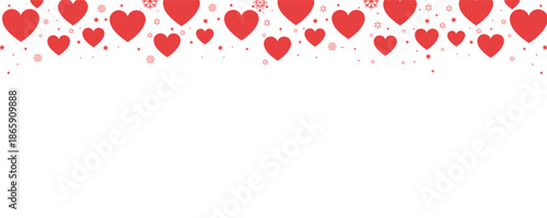 Vibrant seamless horizontal border of pink and red hearts with sparkling snowflakes and stars on transparent background. Perfect for Valentine's Day, romantic designs, love cards, invitations.