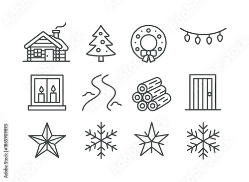 Cozy Cabin Icons. Cozy winter cabin decorated for the holidays. Line icon set of Cozy winter cabin decorated for the holidays: cabin exterior, snow-covered