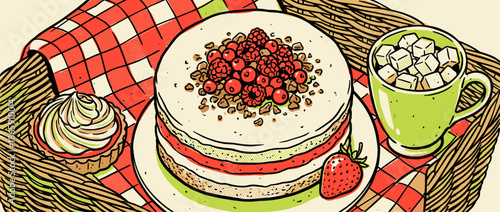 Delicious layered berry cake with frosting and nuts sits on a picnic blanket next to a cupcake, a mug of sugar cubes, and a strawberry in a retro comic book art style