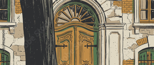 Ornate arched wooden door with a fanlight in a vintage hand-drawn illustration of an old, weathered stone building facade with a mysterious dark tree