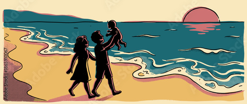 Silhouetted family with a newborn baby walks along the seashore at sunset, the father joyfully lifting the child in a retro comic book style illustration with warm tones