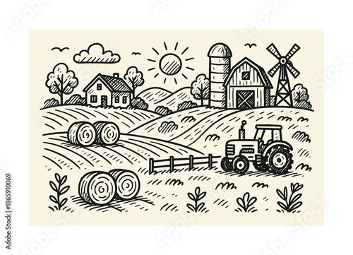 Idyllic Farm Scene. Farm landscape. Hand-drawn doodle illustration Farm landscape farmhouse, barn, silo, hills, trees, clouds, sun, fence, tractor, hay bales,