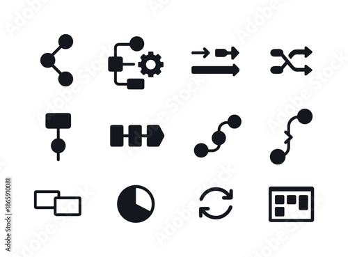 Digital Workflow Icons. Digital workflows. Solid icon set of Digital workflows: workflow nodes, automation gear, process arrows, flowchart box, task pipeline,