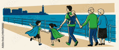 Multi-generational family with children in superhero capes, a baby in a carrier, and grandparents walks holding hands along a seaside promenade in a charming graphic illustration