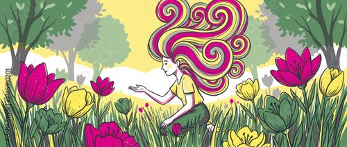 Beautiful illustrated woman with long, flowing, multi-colored hair kneels peacefully in a vibrant spring meadow filled with colorful tulips and lush green grass