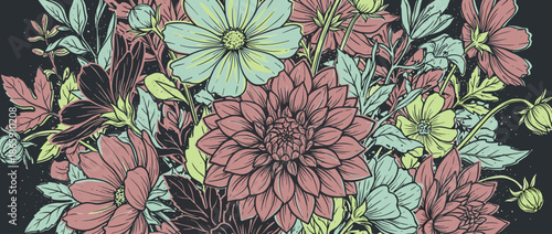 Beautiful floral arrangement of hand-drawn dahlias and cosmos in a vintage graphic style, featuring a muted pastel color palette and intricate black line art details