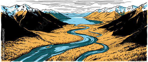 Hand-drawn landscape illustration of a winding river flowing through a golden valley towards a lake surrounded by majestic, snow-capped mountains in a bold graphic style