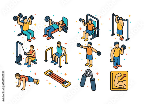 Colorful Upper Body Icons. Upper body workout. Colorful isometric vector icons set of upper body workout: dumbbell shoulder press, bench press, chest fly