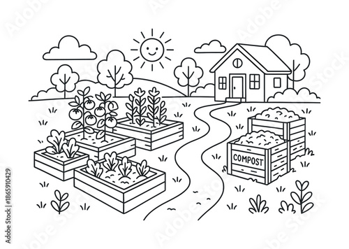 Garden Coloring Page. Nature retreat garden children?s coloring book illustration, outlined drawing, a simple resort garden with raised beds and compost bins,