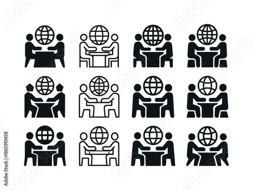 Trade Summit Icons. international trade agreements and summits. Icon set. Set Logo of international trade agreements and summits: trade negotiation table.