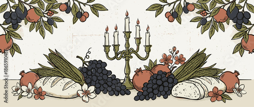 Vintage hand-drawn illustration of a festive harvest table with a candelabra, pomegranates, grapes, corn, and bread in a symmetrical composition with ornate branches