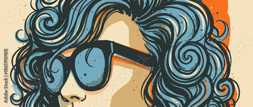 Stylish illustrated woman's face in profile with voluminous curly blue hair and large sunglasses, created in a retro pop art style with bold lines and halftone dot textures