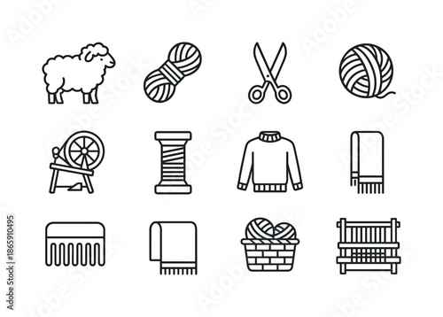 Wool Processing Icons. Wool processing. Line icon set of Wool processing: sheep, wool yarn, shears, ball of yarn, spinning wheel, thread spool, sweater, scarf,