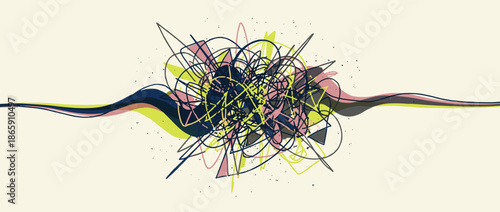 Chaotic abstract tangle of colorful lines and scribbles creates a dynamic and expressive composition representing complex thoughts, confusion, or creative energy