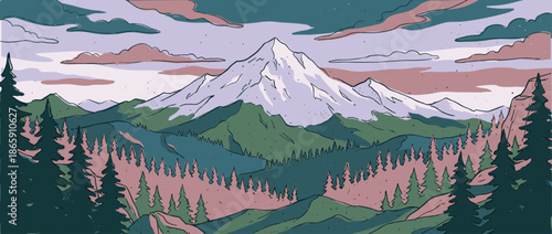 Majestic snow-capped mountain peak illustration surrounded by a dense pine forest and rolling hills under a colorful, cloudy sky in a retro, hand-drawn style