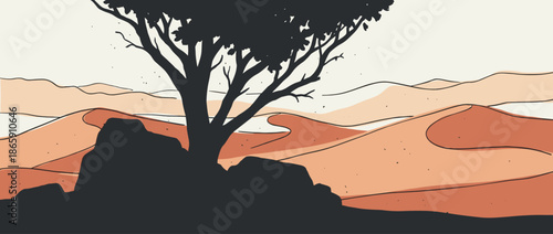Dark tree silhouette illustration stands among rocks in a vast, warm-toned desert landscape with rolling sand dunes under a clear sky in a minimalist, graphic style