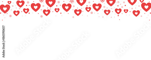 Vibrant seamless horizontal border of pink and red hearts with sparkling snowflakes and stars on transparent background. Perfect for Valentine's Day, romantic designs, love cards, invitations.